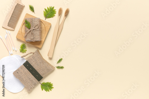 Zero waste, eco friendly bathroom accessories and personal care on beige background. Natural cosmetics. Flat lay