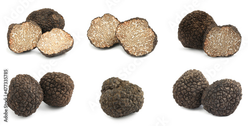 Set with expensive delicious black truffles on white background. Banner design