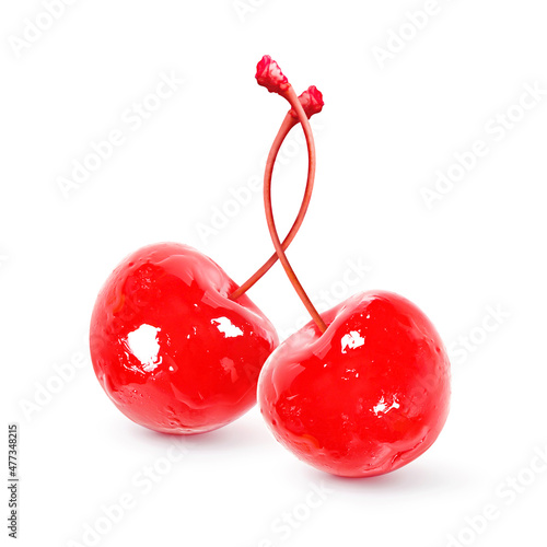 Cherry cocktail. Twin or double maraschino cherries with stems isolated on white background.