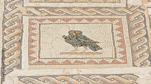 Ornate ancient roman floor tiles depicting a bird, detail of Ruins of Italica, Roman city in the province of Hispania Baetica