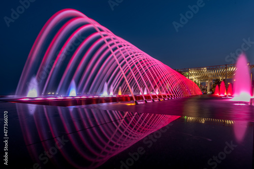Pink Fountain reflection at Lusail Marina Park. Dancing Fountain