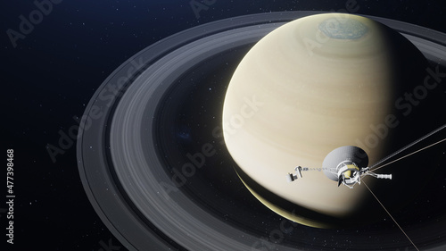 Planet Saturn with Voyager Spacecraft 3D Rendering