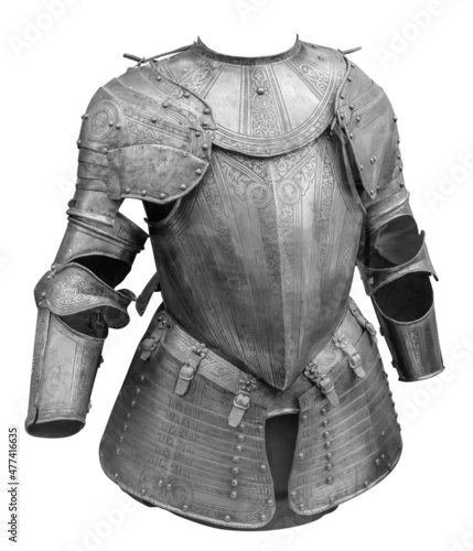 Medieval knight suit of armor protection isolated on white background with clipping path. Ancient steel metal armour