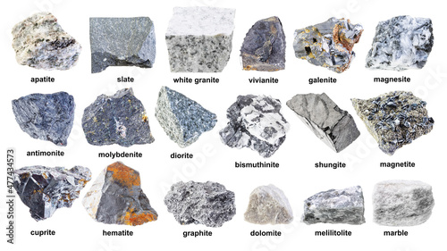set of various raw gray rocks with names cutout