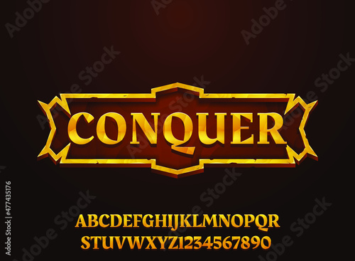 fantasy golden conquer medieval rpg game logo text effect with frame border