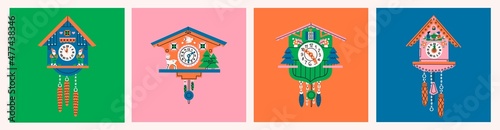Set of four Cuckoo Clocks. Decorative wooden clock. Bright colors. Antique german wall watch. Hand drawn colorful modern Vector Illustrations. Cartoon style, flat design