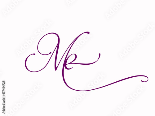 ME monogram logo.Calligraphic signature icon.Decorative letter m and letter e.Lettering sign isolated on light fund.Wedding, fashion, beauty alphabet initials.Elegant, luxury handwritten style.