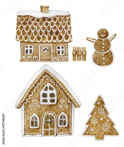 A set of gingerbread houses with a Christmas tree and a snowman. Watercolor illustration of Christmas gingerbread houses.
