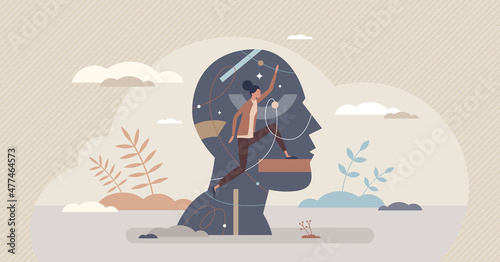 Subconscious mental processes with automatic thoughts tiny person concept. Psychological state in deep mind responsible about thinking, bias, soft skills and uncertain behavior vector illustration.