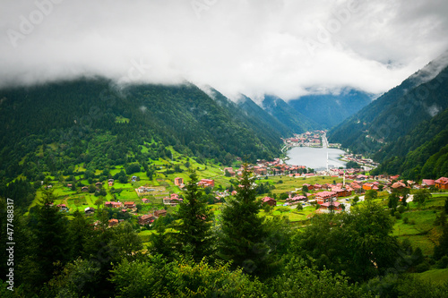 Greenery with stunning mountain lake with turquoise water with beautiful homes in mountains village Uzun Gol in Karadeniz
