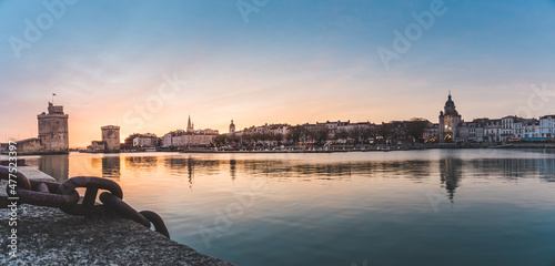 Panoramic view of the famous old harbor of La Rochelle at sunset