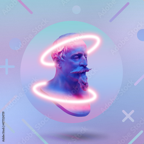 Modern conceptual art poster with blue pink colorful ancient statue with cyberpunk aesthetics. Contemporary art collage. Concept of retro wave style posters. Glitch effects. 3d illustration