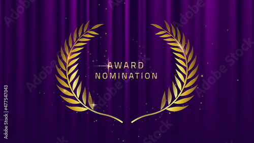 Purple award glitter background with golden laurel wreath. Award Nomination winner banner. Realistic silk abstract fabric texture.Purple curtain with gol''den leaves.