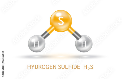 Hydrogen Sulfide H2S molecule models grey and chemical formulas scientific. Ecology and biochemistry concept. Air pollution emissions contamination with industrial pipes. Isolated spheres 3D Vector.