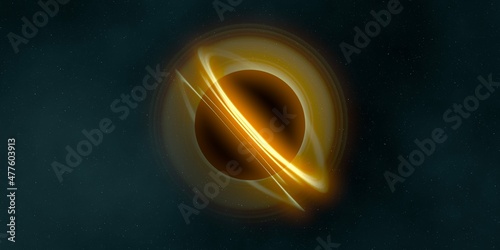 Black hole in deep space. Astronomical massive object. Hot plasma ring and event horizon. Plasma accretion disk.