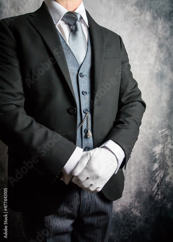 Portrait of Butler in Dark Suit and White Gloves Eager to Be of Service. Concept of Friendly Hotel Hospitality and Professional Courtesy.