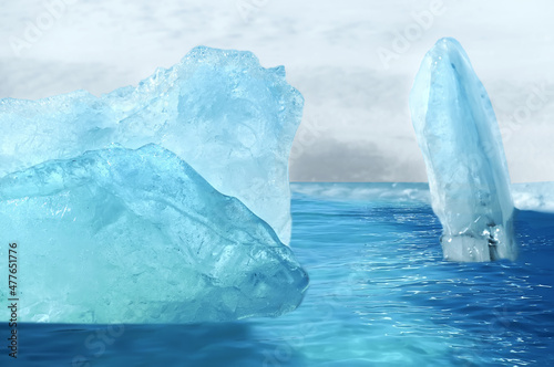 Blue icebergs, symbol image arctic landscape, melting icebergs. Winter background.
