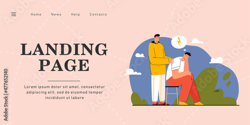 Cartoon son and overstressed father flat vector illustration. Young boy worrying about sad and tired man, sitting on chair. Family, trouble, stress, crisis concept for banner design or landing page