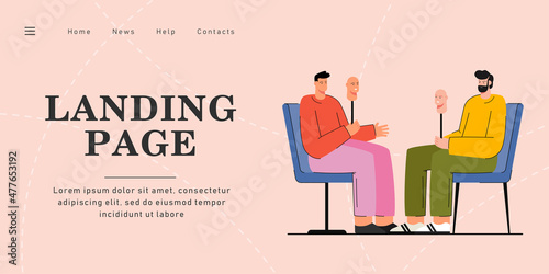 Two cartoon men taking off their masks, becoming sincere. Flat vector illustration. Men sitting opposite each other, holding face masks, hiding feelings. Dissimulation, honesty, disguise concept