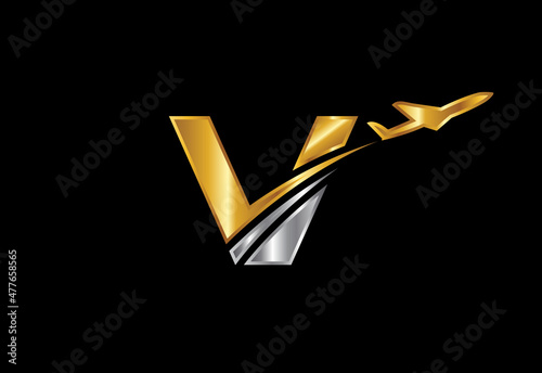 Initial letter V with airplane Logo Design. Airline, airplane, aviation, travel logo template.