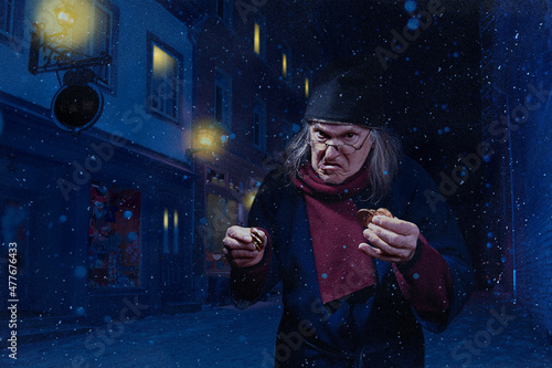 Scrooge walking under the snow with gold coins in his hands