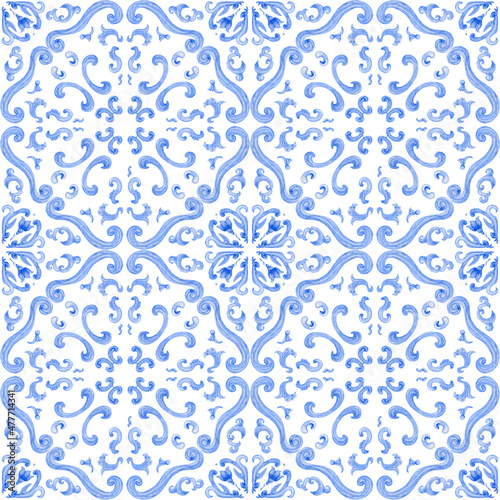 Watercolor painted indigo blue damask seamless pattern on a dark blue background. Tile with hand drawn Baroque scrolls, Flowers, leaves and floral ornaments