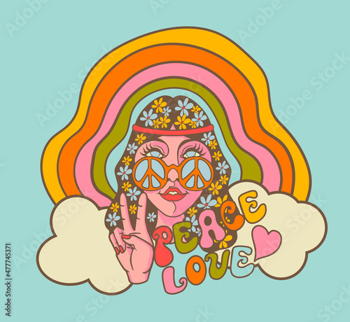 hippie girl in round sunglasses with a rainbow and a symbol of peace, vector illustration in the style of the 70s