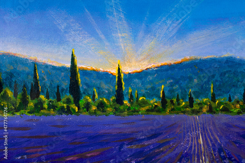 Oil painting nature landscape violet lavender field, yellow sunny flowers, tall cypress trees and sun in mountains in Provence France art background. Cloude paint monet flower texture art background.