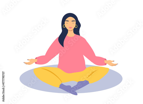 vector illustration on the theme of harmony, balance, pleasant emotions. girl meditates in the lotus position. flat style illustration