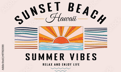 Hawaii sunset beach graphic print design for t shirt print, poster, sticker, background and other uses.