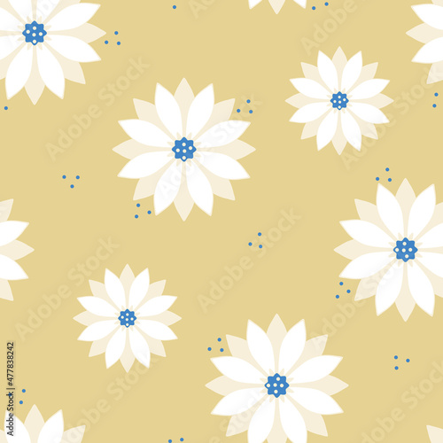 Seamless vector pattern with white daisies on beige background. Simple vintage floral wallpaper design. Decorative flower bloom fashion textile.