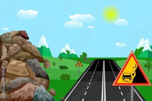 Warning falling rocks sign on road in landscape background. Danger sign with car and landslide silhouette. Traffic caution insignia about rockslide or gravel. Rockfall from mountain on highway.Vector