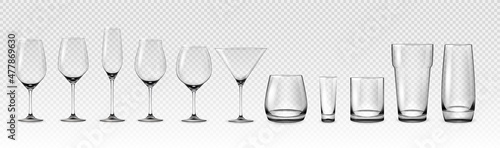 Realistic empty glasses. Glass cup and cocktail stemware mockup. Transparent glassware for wine and alcohol drinks. 3D crystal utensil for beverage serving. Vector bar drinkware set