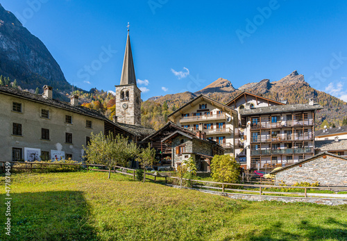 The beautiful village of Alagna Valsesia, during fall season, in Valsesia (Sesia Valley). Province of Vercelli, Piedmont, Italy.