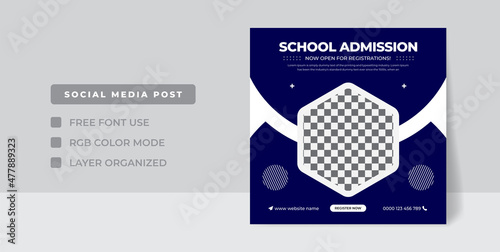 School admission square banner, School admission marketing social media Instagram post template, Suitable for the educational banner