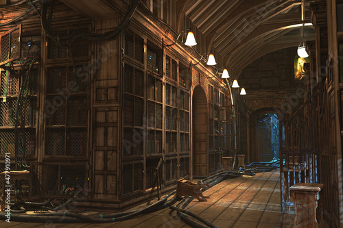 Old library energy preload, complete scene for background. 3D rendering illustration.