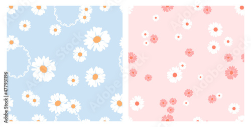 Seamless patterns with daisy flowers on blue and pink backgrounds vector.