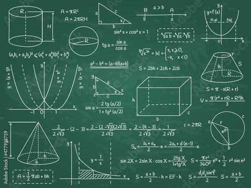 Math, geometry or physics calculation formulas, algebra figures and graphs. Doodle school education graphs vector illustration set. Hand drawn formula symbols