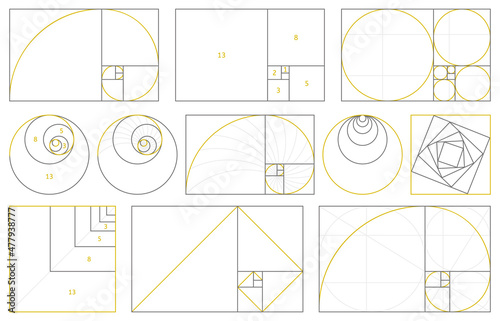 Golden section, fibonacci numbers, ideal proportions ratio. Geometry harmony gold fibonacci spiral ratio, vector illustration set. Spiral proportion elements