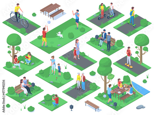Isometric people walking, jogging, sitting on bench in city park. Park outdoor activity, summer active recreations vector illustration set. People in city park