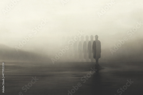 illustration of surreal man disappearing in the fog, abstract concept