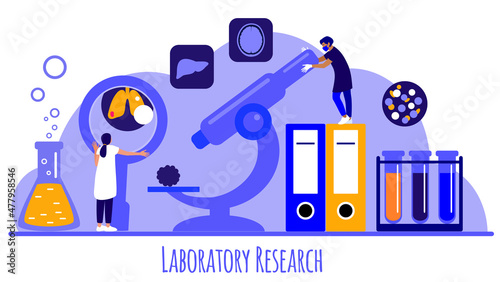 Doctors or scientists are researching human organs tissue and blood samples, using microscope and reagents. A concept of histology service. Vector flat illustration, tiny person concept.