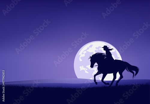 american cowgirl riding horse in prairie against full moon - legend wild west scene silhouette landscape vector design