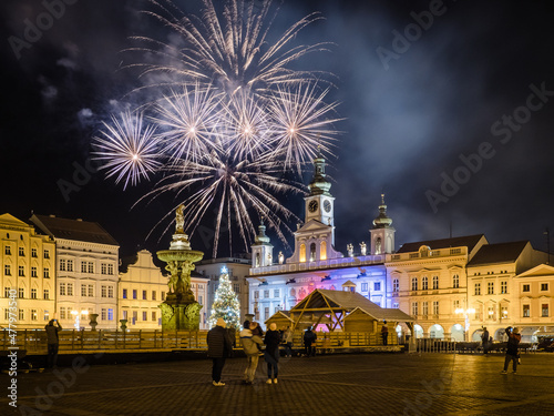 Fireworks celebrating New Years Eve above historical square in Ceske Budejovice, Czech Republic