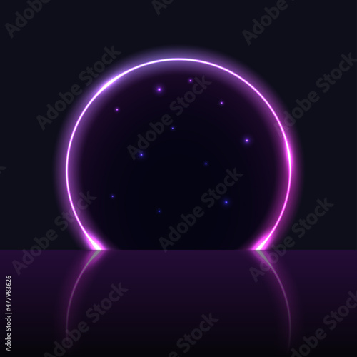 Neon arch gate, purple glowing portal to galaxy pace. Light glow effect, round neon door opening with starry night sky. Magic fantasy or techno futuristic portal. vector illustration