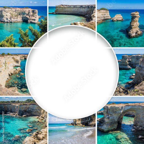Puglia square collage with round copy space. Torre Sant Andrea near Torre dell'Orso, Salento, Puglia, Italy. Rocky sea coast with cliffs. Beaches with turquoise clear water. Beautiful postcard mockup