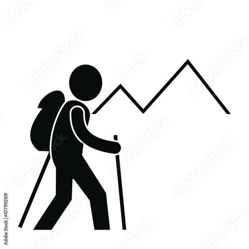 Hiker with backpack and walking canes on mountains, black silhouette, vector icon