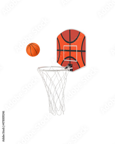 Side view of mini basketball hoop and ball isolated on white background