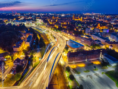 Evening view of Gdańsk from a drone during warm weather.