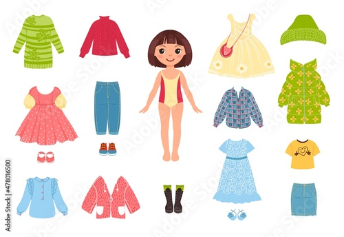 Girl clothes. Little funny character with garments. Paper doll for children play. Fashionable constructor. Seasonal jackets and coats. Dresses and shoes. Vector kid and clothing set